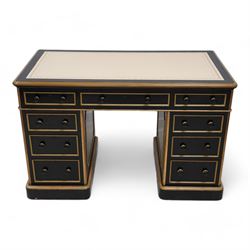 J. Maple & Co. (London: 1841-1988) - Victorian black painted and parcel gilt twin pedestal desk, moulded rectangular top with rounded corners and cream leather writing surface, fitted with nine drawers, on moulded plinth base, stamped 'J. Maple & Son' 