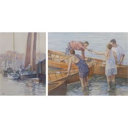 Christine M Pybus (British 1954-): Yachts in Whitby Harbour and Canoeing, two watercolours signed 36cm x 26cm and 39cm x 49cm (2)