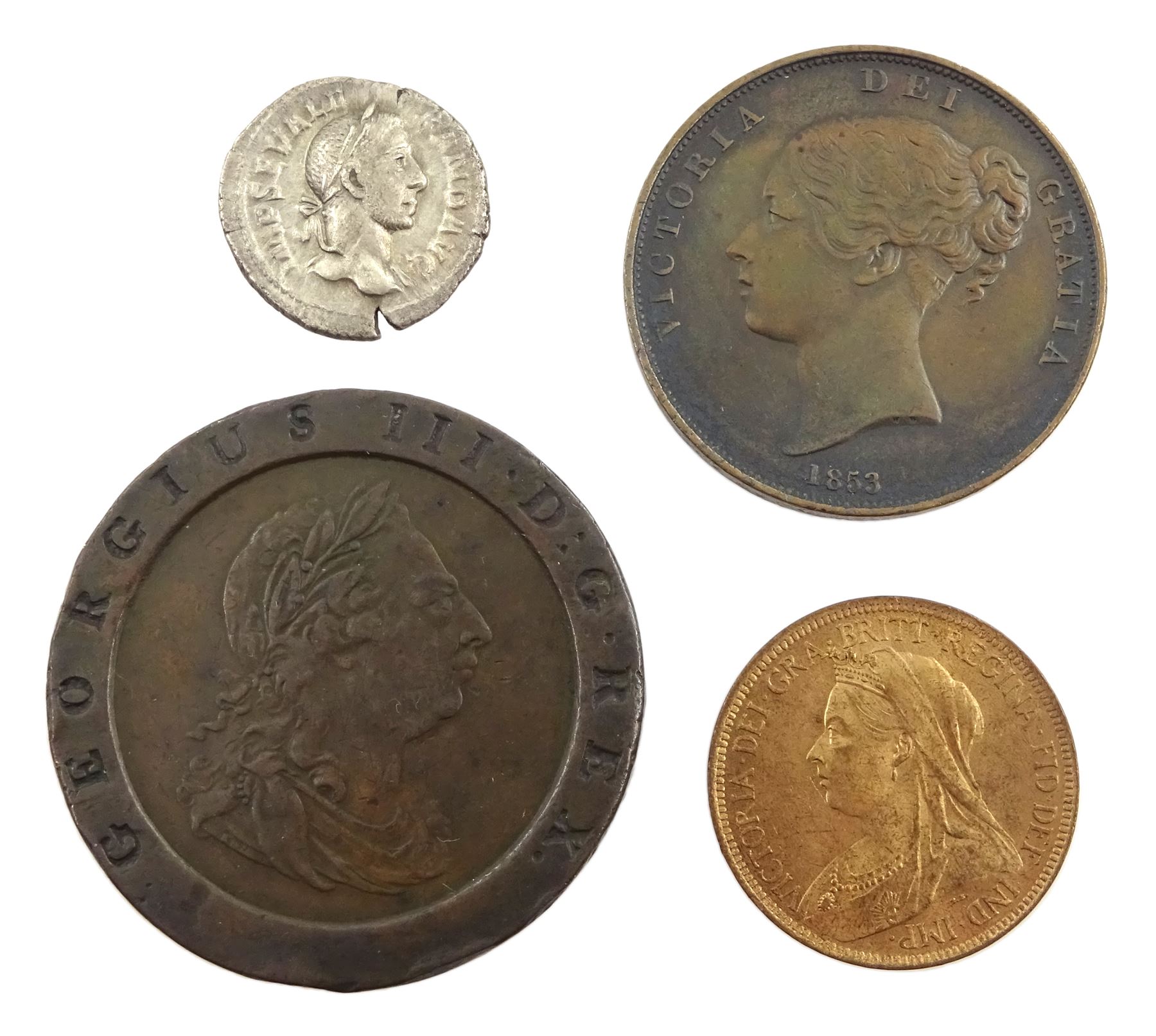 King George III 1797 cartwheel twopence, Queen Victoria 1853 penny and 1901 halfpenny and a Roman silver denarius coin