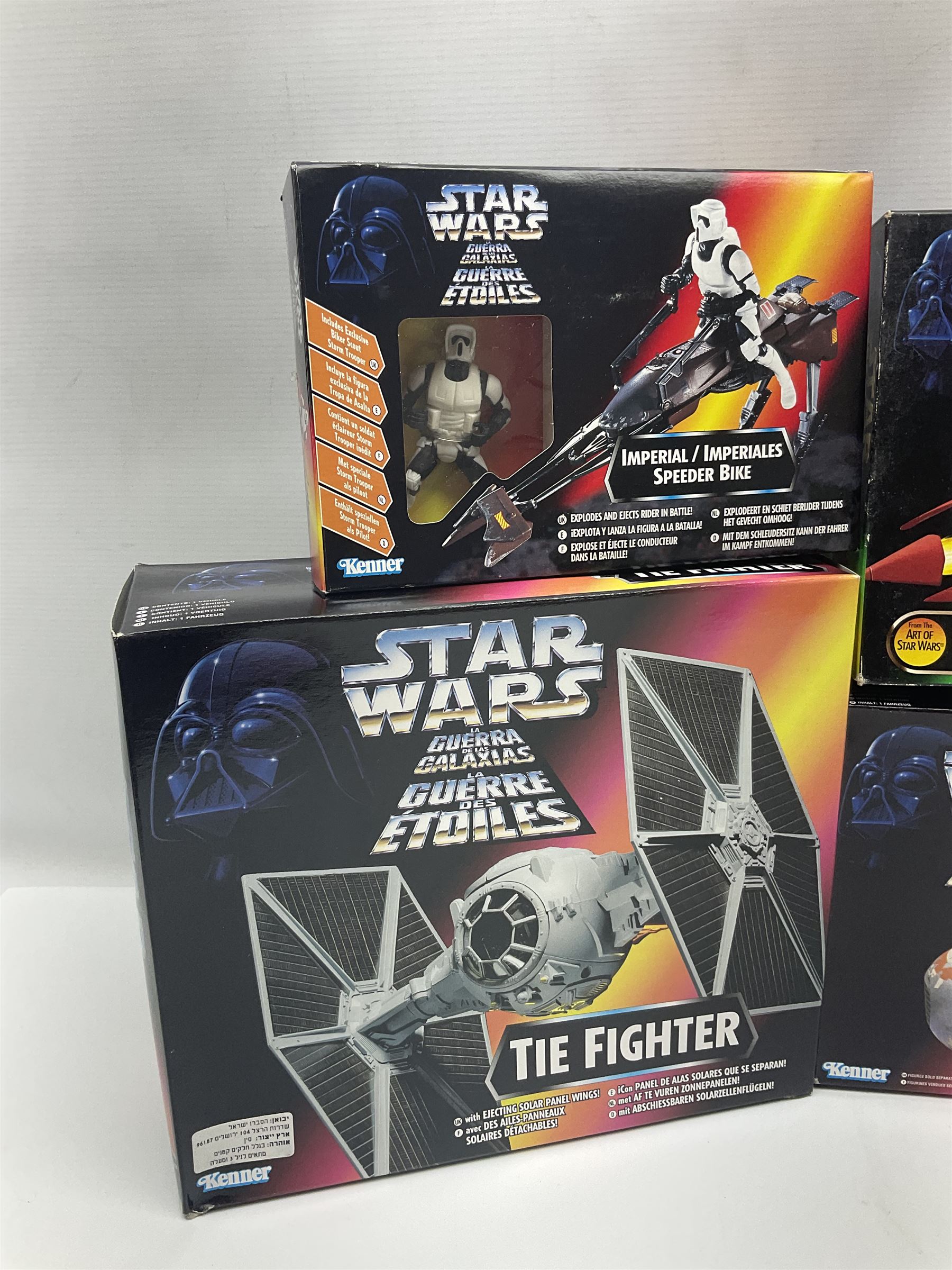 Star Wars - La Guerra De Las Galaxias La Guerre Des Etoiles/Shadows of the Empire - TIE Fighter; Cloud Car; Airspeeder; Landspeeder; Death Star Escape; Detention Block Rescue; Imperial Speeder Bike; Boba Fett IG-88; and Crowd Control Stormtrooper; all boxed/carded (9)