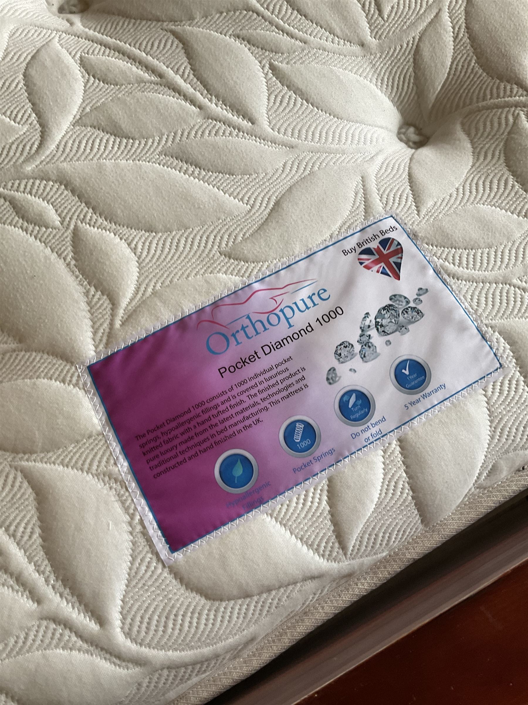 Rococo style 6' Super Kingsize bed, ornate shaped and floral design in wood finish, upholstered buttoned headboard, decorated with scrolled foliate and flower heads, together with mattress