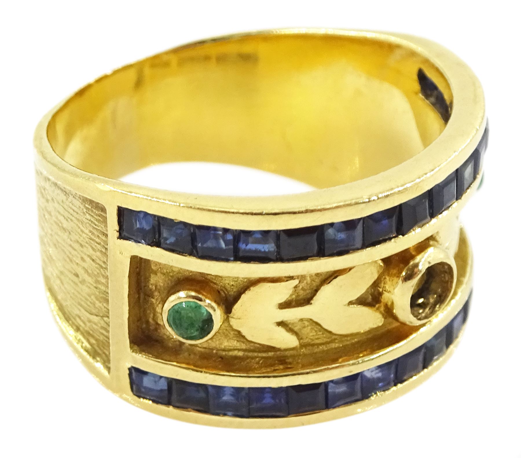 18ct gold calibre cut sapphire and emerald half hoop ring