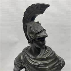 After Edouard Drouot pair of bronzed figures modelled as Roman soldiers, wearing plumed helmets and typical dress, signed E Drouot to the base, each raised on a circular base, H48cm