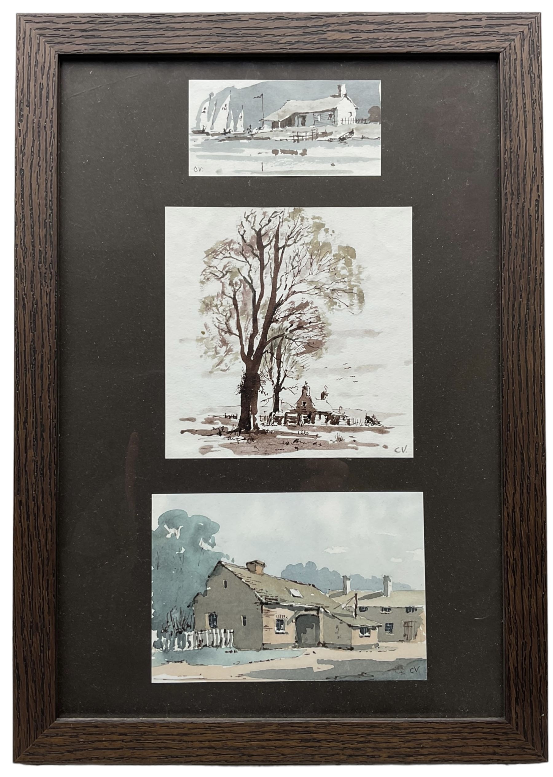 Colin Verity (British 1924-2011): Landscapes, three watercolours framed as one signed with initials, max 15cm x 14cm