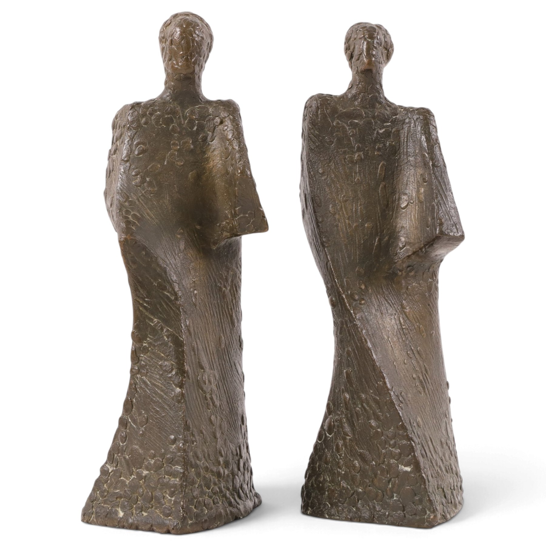 Manner of Antoinette Ruiter (Dutch 1946-) - pair of bronze sculptures depicting brutalist-style figures, with textured surface, H26cm (2)