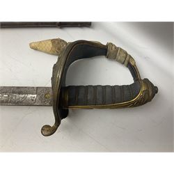 Victorian British Army officer's sword by Hobson & Sons Little Windmill Street London, the 82cm fullered steel blade etched with crowned Victoria cypher and 'HM 1st West York R.V.', lined gilded brass three-bar hilt incorporating Victoria cypher and wire-bound fish skin grip with plaited knot; in steel scabbard with two hanging rings L99cm overall