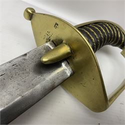 Late 18c style French Model 1790 Hussars sword with (reduced) 65cm curving fullered blade and replacement brass hilt with oval langets and wire-bound leather grip L78cm overall (no scabbard)