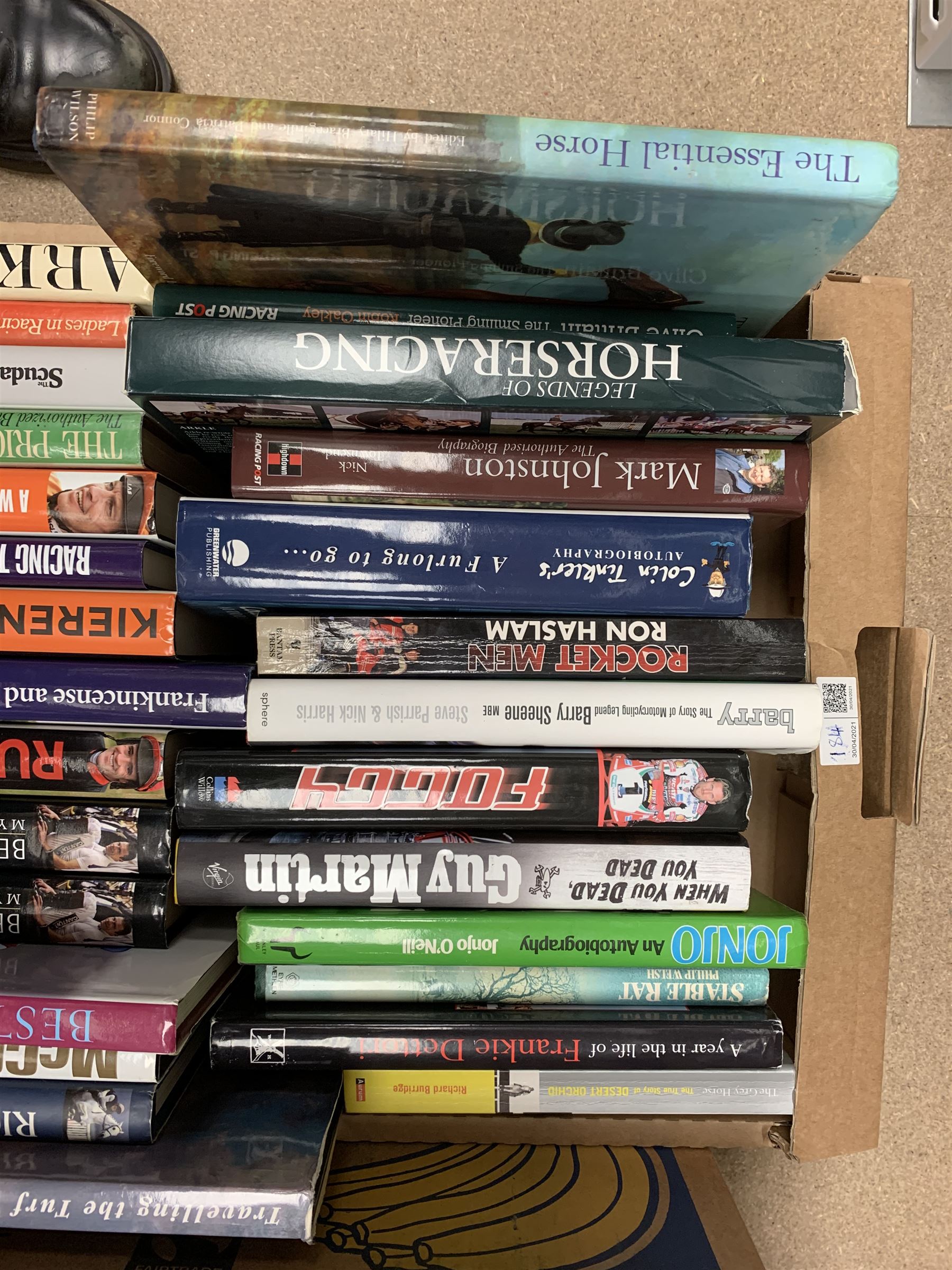 Books, mostly relating to horse racing including 'Kieren Fallon from my autobiography', 'Frankincense and More' the biography of Barry Hills,  various other similar biographies and autobiographies and a few DVDs related to horse racing, in three boxes