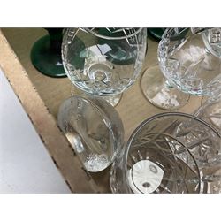 Quantity of glassware to include Mats Jonasson koala paperweight, set of six Stuart drinking glasses, seven green wine glasses with ovoid bowls, decanter, brass lamp etc