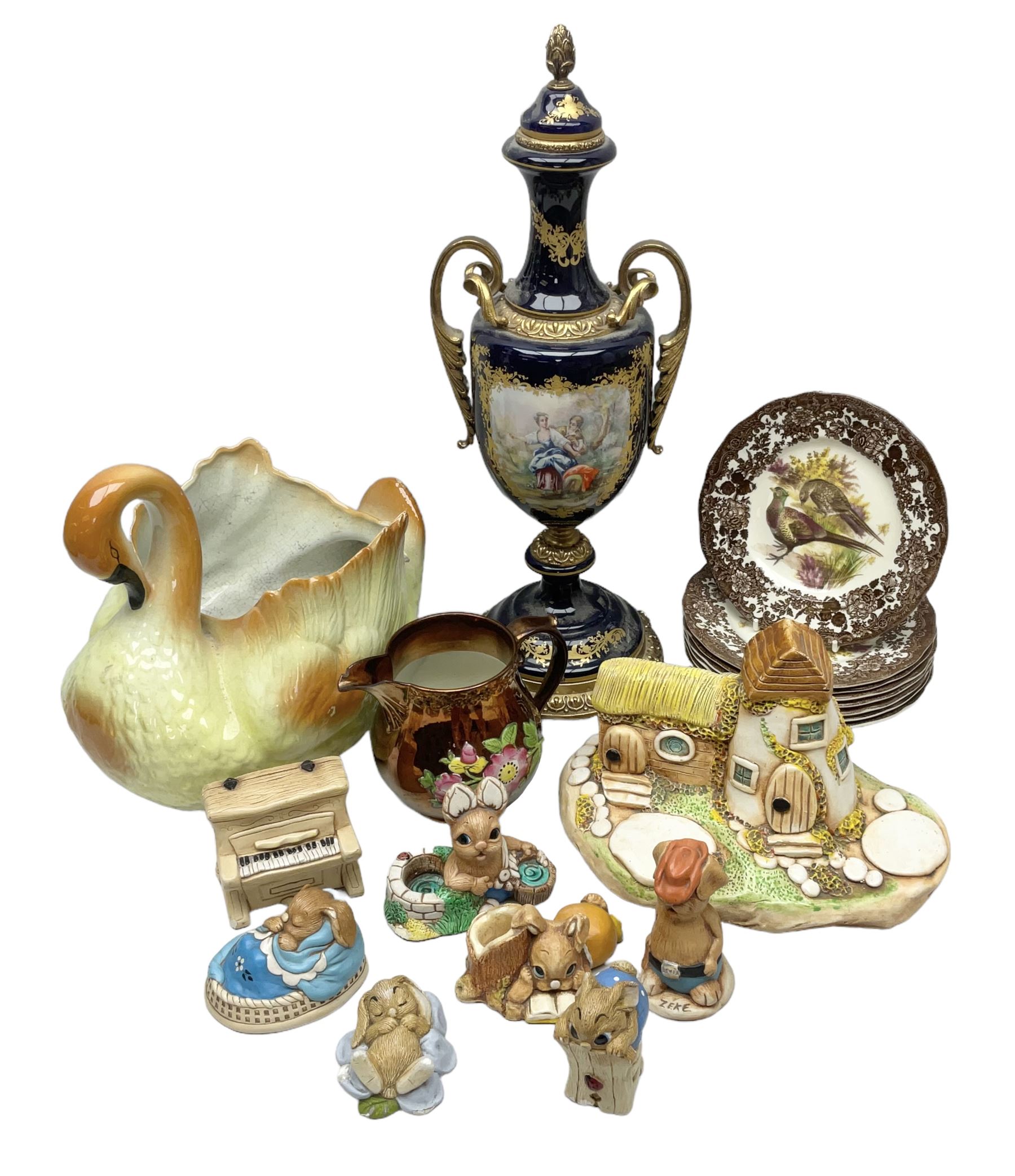 Sevres style vase and cover, the body of baluster form with scrolling gilt metal mounts printed with courting couple scene, together with copper lustre jug and quantity of Royal Worcester Palissy Game Series plates, quantity of Pendelfin figures etc, vase H44cm