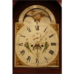  19th century figured mahogany longcase clock, enamel moon phase Arabic dial painted with birds, subsidiary seconds dial and date aperture, 8-day movement striking the hours on bell, H228cm  