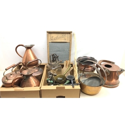  Large collection of metal wares and kitchenalia comprising Lawden & Poole, Birmingham 1915 copper water can, Victorian copper measures, brass preserve pans, brass sauce pans, vintage butter pats, Eclipse washboard, kitchen scales etc   