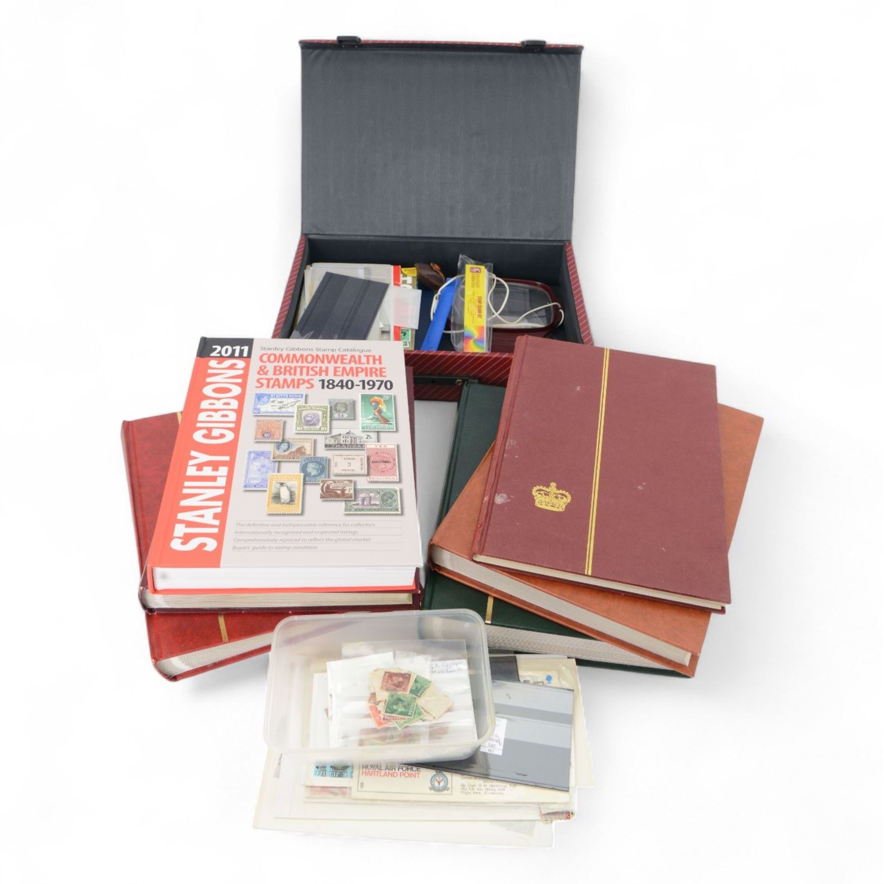 Extensive and well-annotated collection of Great Britain and World Queen Victoria and later stamps, including Queen Victoria penny black with faint red MX cancel, 1840 two pence blue, embossed issues, QV one pound brown lilac, QV one pound green, King Edward VII one pound green, numerous King George V seahorses, 1929 Postal Union Congress one pound, unused, King George VI 1939-48 mint set of six including ten shillings dark blue, Cape of Good Hope triangles, further Commonwealth issues, etc