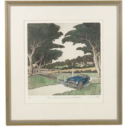 Michael Atkin (Scarborough 1952-): 'Austin Healey MKIII - Ford and Footbridge', limited edition coloured etching signed titled and numbered 8/60 in pencil, 31cm x 31cm 