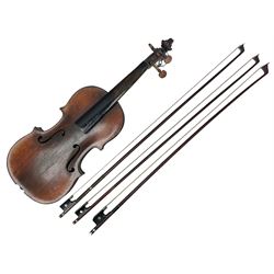 Incomplete amateur made violin c1880 for restoration and completion with 36.5cm one-piece maple back and ribs and spruce top L59.5cm; together with two brazilwood violin bows and pernambuco cello bow, all with nickel mounts (4)