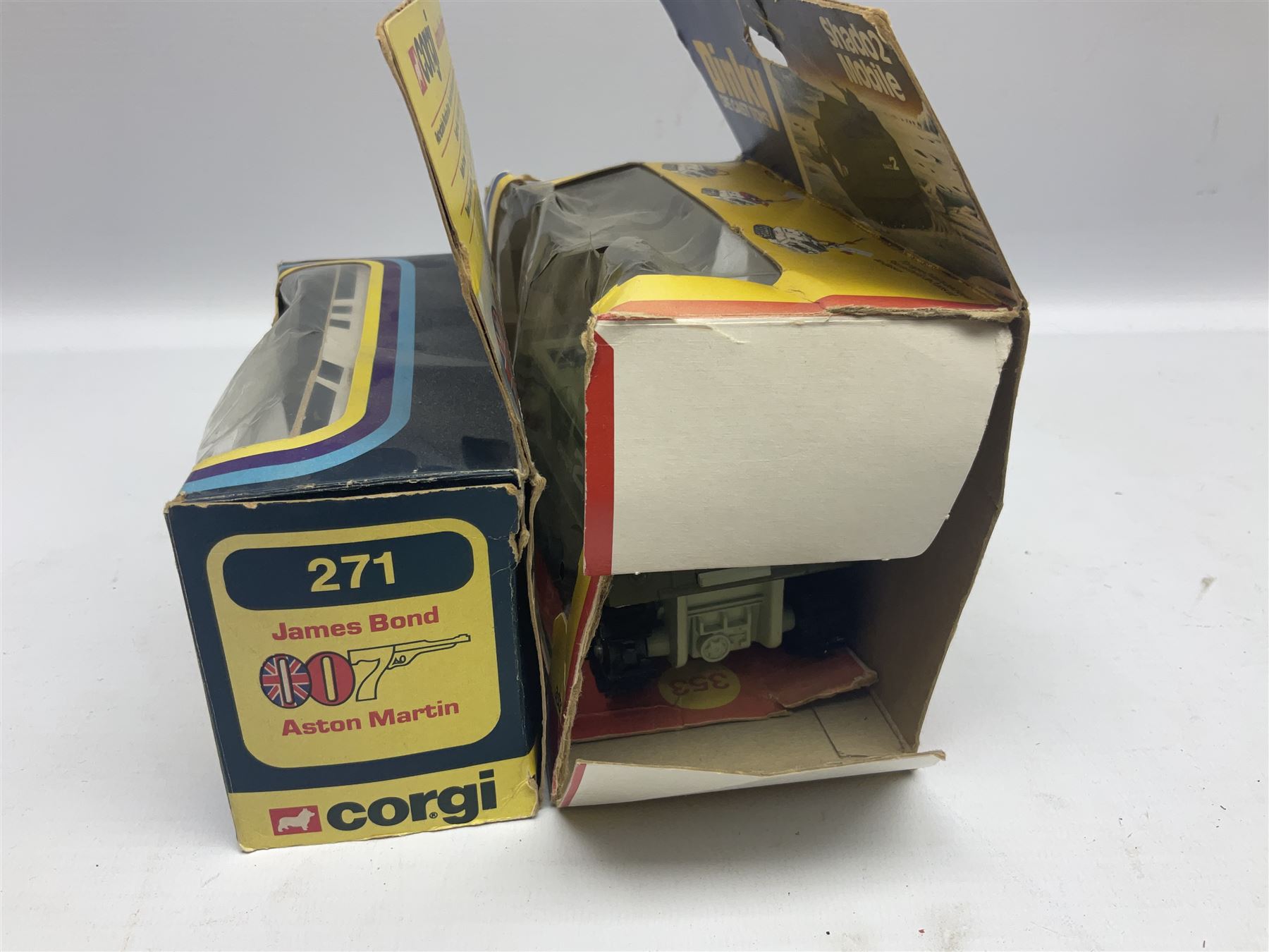 Corgi - die-cast model of James Bond Aston Martin DB5 No.271 with silver body and red interior, gold bumpers and four-spoke wheels, James Bond and two bandit figures; original window box with header card; and Dinky Shado 2 Mobile with one missile No.353; in window box (2)