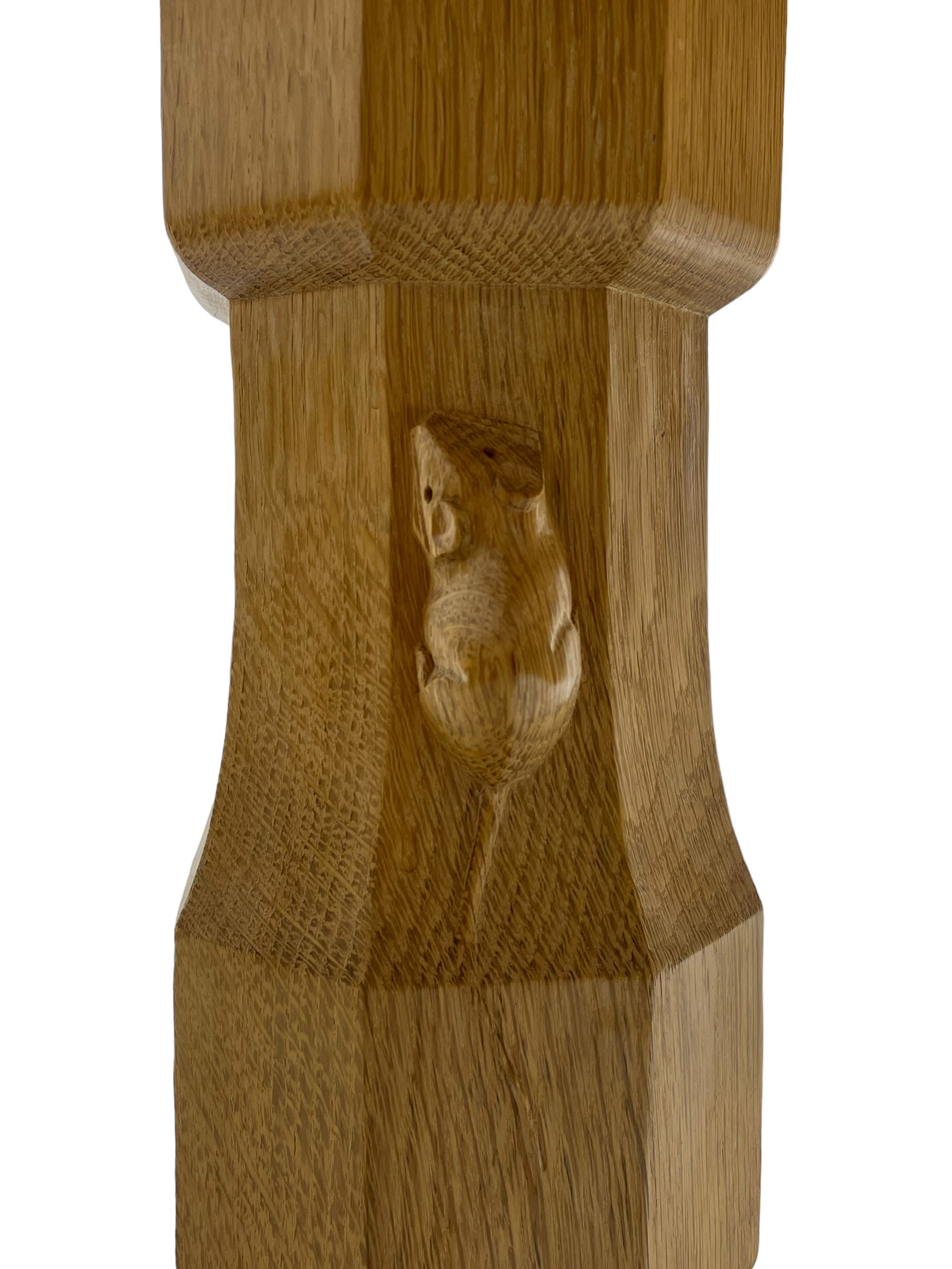 Mouseman - oak dining table, adzed rectangular top on twin octagonal pillar supports, sledge feet united by floor stretcher, by the workshop of Robert Thompson, Kilburn 