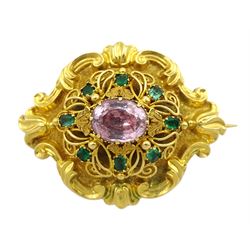 Victorian 18ct gold emerald and pink/purple stone set brooch