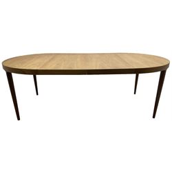 Possibly Skovmand & Andersen - Mid-20th century Danish teak extending dining table, pull-out extending action with two additional leaves, on turned tapering supports