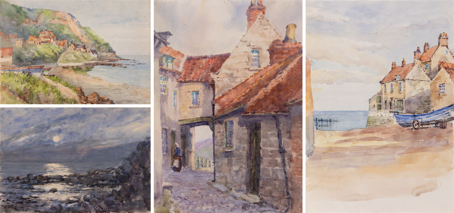 George Farquhar Pennington (British 1872-1961): Robin Hoods Bay and Runswick Bay, four watercolours, one signed with monogram, max 25cm x 35cm (4) (unframed)