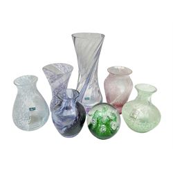 Six Caithness coloured glass vases, together with a glass paperweight with bubble inclusions, tallest vase H19cm