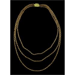Early 20th century 10ct rose gold three row link necklace, on later 9ct yellow gold clasp