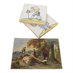 Pair of 20th century continental tin glazed tiles, of a man and a woman in traditional dress, H15cm, together with a Baby Cine Camera in case, flute parts, and Continental oil on board