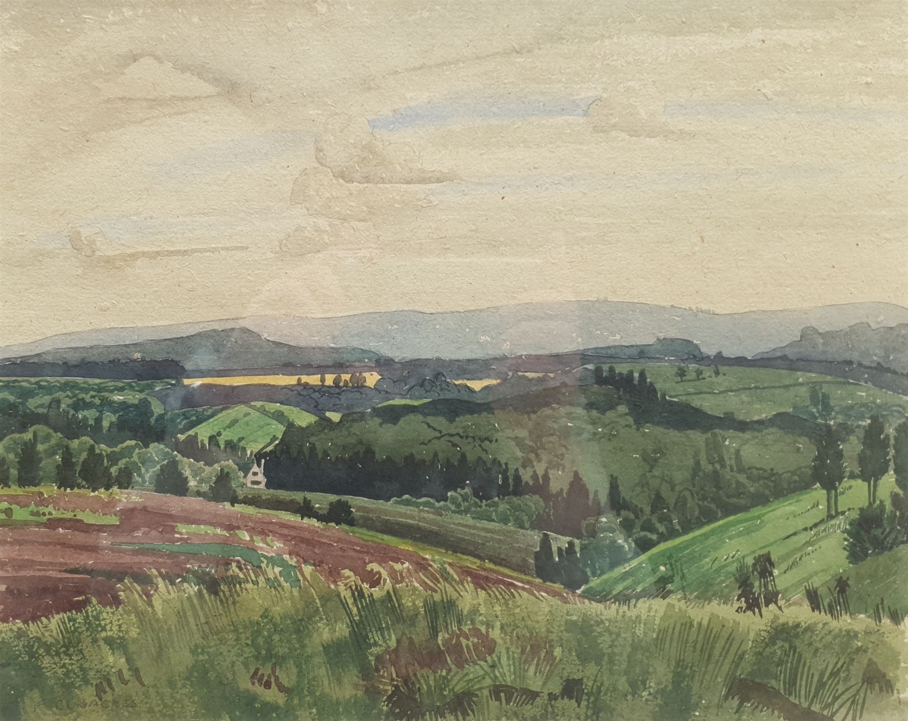 Frank Runacres (British 1904-1974): 'View over Hills', watercolour signed 27cm x 34cm