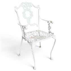 Regency design white-painted aluminium garden table, square pierced top with scrolling acanthus leaf decoration, splayed supports joined by pierced circular under-tier (W75cm H72cm), the chairs with scrolling and floral garland design backs over pierced foliate seats with cabriole supports (W48cm H90)