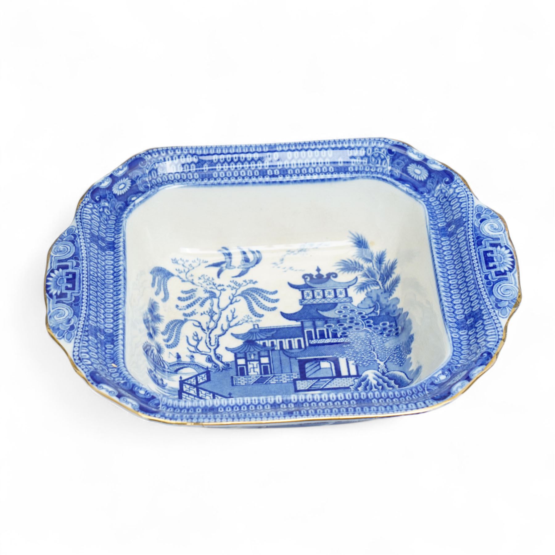 Large collection of Burleigh Ware blue and white Willow pattern dinnerware, comprising twenty one dinner plates, twelve side plates, four platters of graduating size, two tureens with saucers, and two vegetable dishes