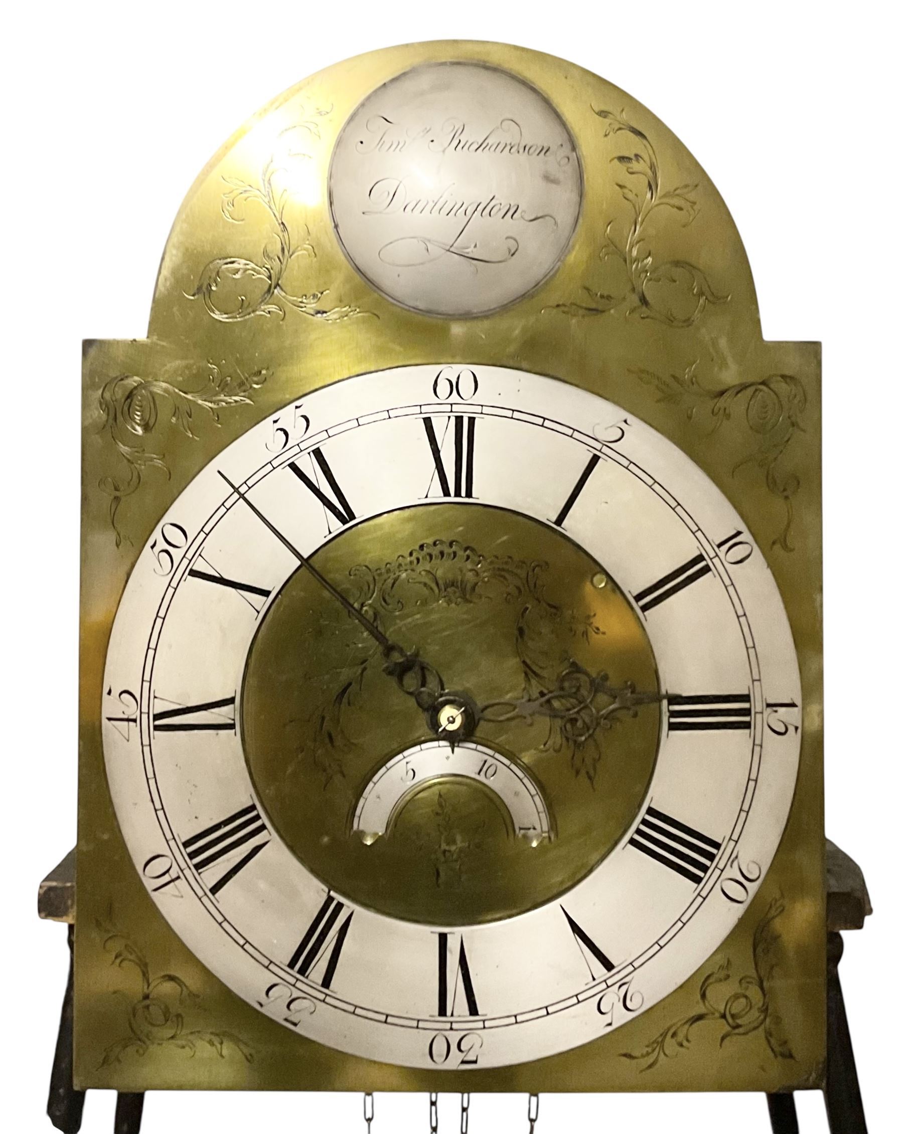 Timothy Richardson of Darlington-late 18th century 30hr longcase clock movement and dial c 1780, break arch brass dial with engraved spandrels, engraved dial centre and date aperture, silvered boss to the arch with makers name and place of work, with a silvered chapter, Roman numerals, five minute Arabic's, minute track and original steel hands, dial pinned directly to a chain driven movement with a recoil anchor escapement and outside countwheel strike, sounding the hours on a cast bell. With weight and pendulum. Dial 12