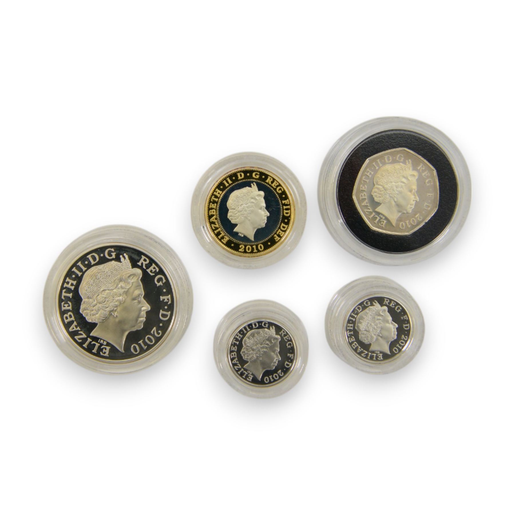 The Royal Mint United Kingdom 2010 silver proof piedfort five coin set, cased with certificate