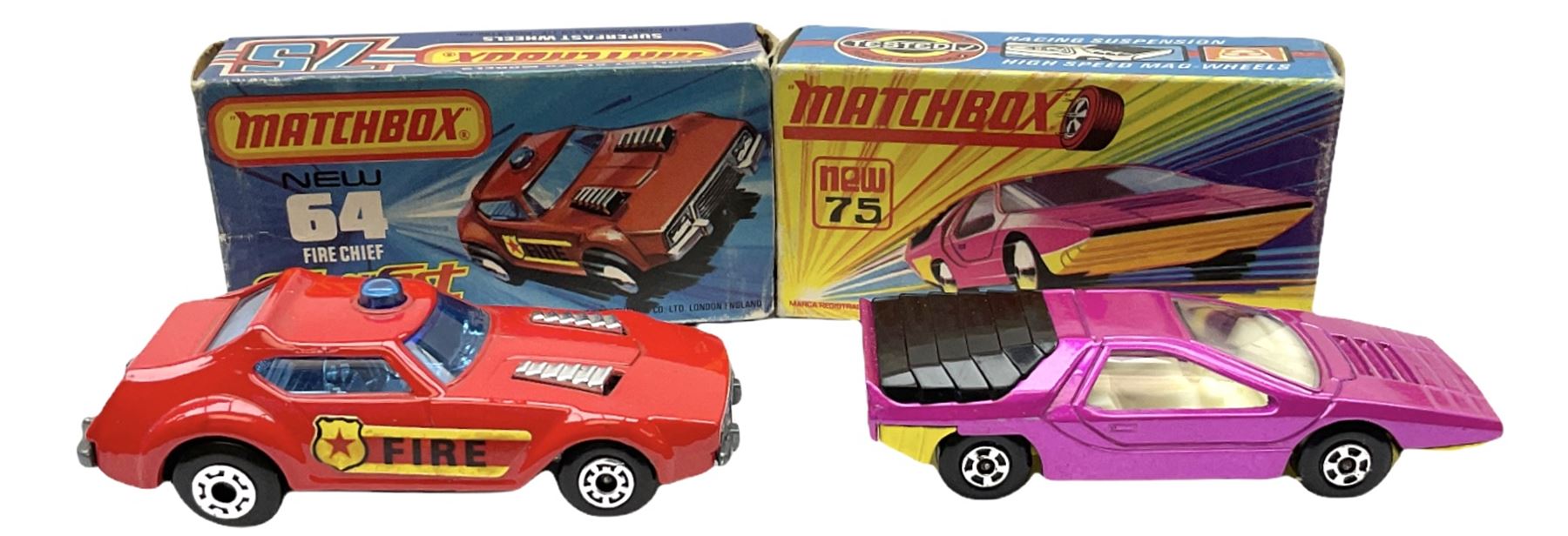 Matchbox/Superfast - nine '1-75' series models comprising 64d Fire Chief car, 65e Airport Coach, 66f Tyrone Malone Superboss, 68e Chevrolet Van, 69e Security Truck, 71e Cattle Truck, 72d Bomag Road Roller, 75c Alfa Carabo and 75e Helicopter; all boxed; and eight unboxed and playworn models (17)