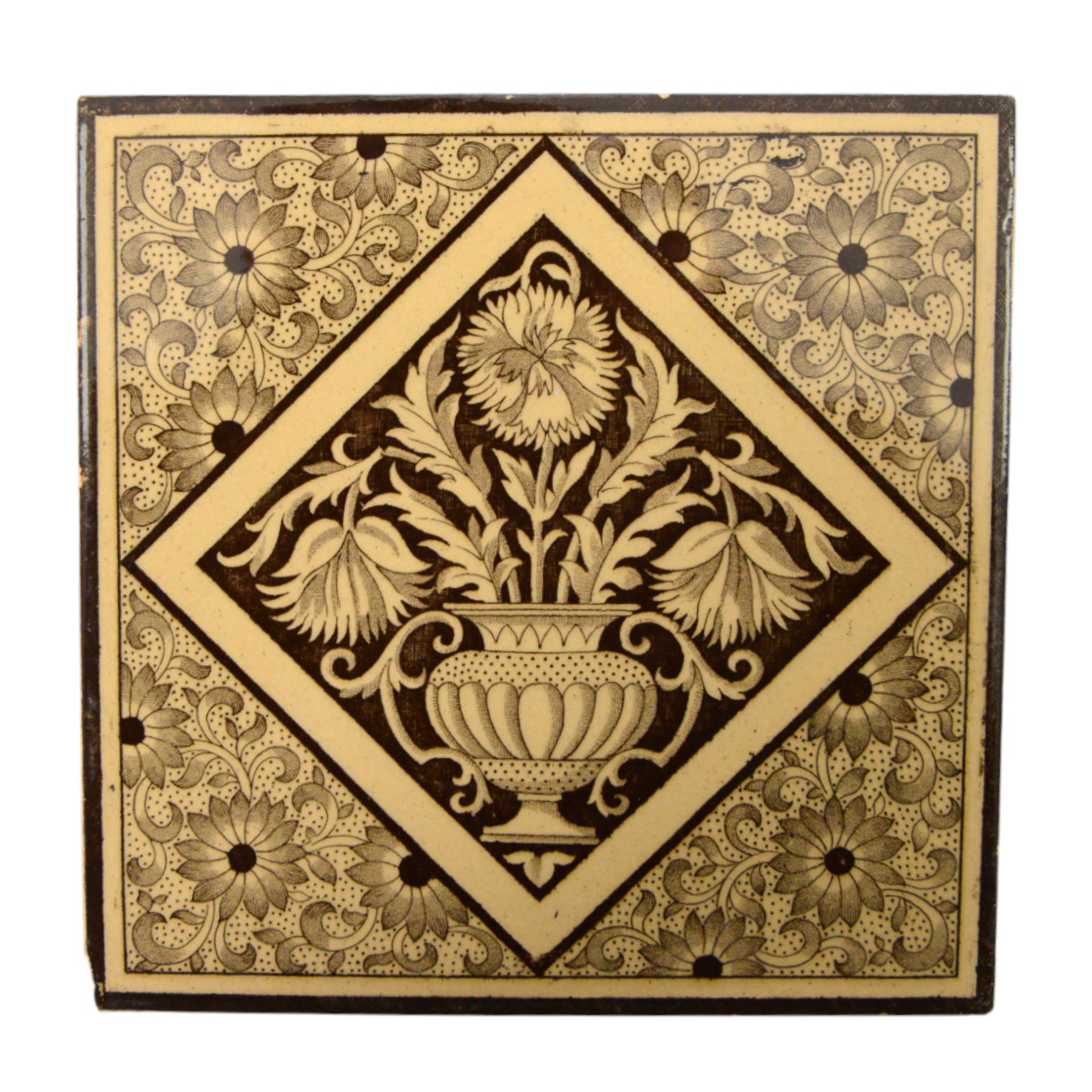 Set of fourteen late 19th century Aesthetic movement six inch dust pressed tiles, each printed with central lozenge containing an urn of flowers, surrounded by flower heads and tendrils, in brown and buff