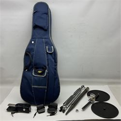 Spanish BM acoustic guitar with mahogany back and sides and spruce top L101cm; in cello carrying case; Roland foot pedal and two Yamaha foot pedals; tin D# organ pipe; folding music stand etc