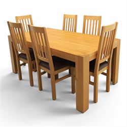 Modern solid oak dining table with set six chairs, chairs with brown leatherette seat