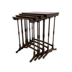 Early 20th century mahogany quartetto nest of four occasional tables, moulded canted rectangular tops on turned supports, on sledge feet