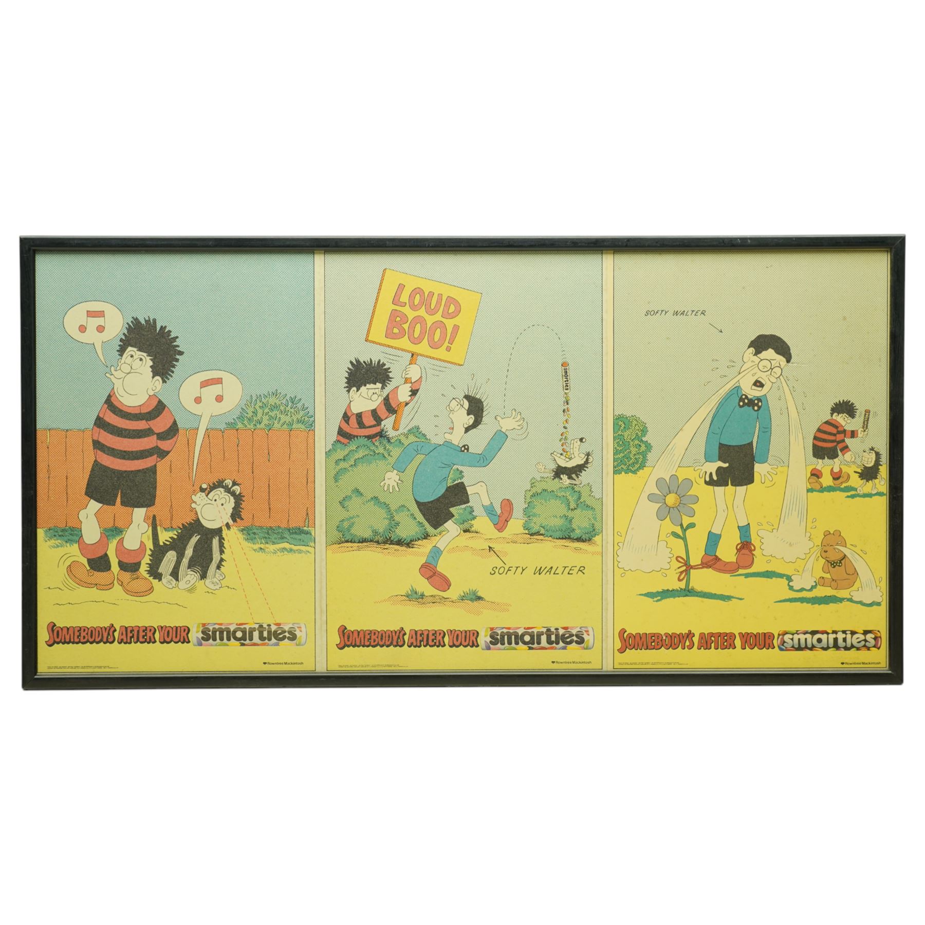 Original Rowntree Mackintosh (Rowntrees) advertising poster for Smarties - 'Somebody's After Your Smarties, colour poster depicting Dennis the Menace from 'The Beano' and Gnasher stealing Softy Walter's Smarties 38cm x 75cm
Provenance: from the personal collection of David Lamb, former advertising manager at Rowntree Mackintosh, York