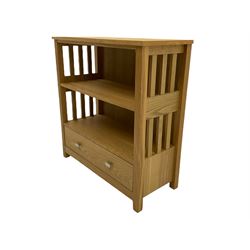 Light oak open bookcase with drawer
