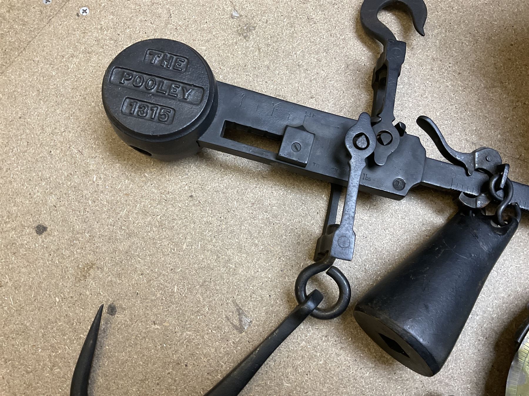 Large beam scale marked The Pooley 1315 and iron pan, together with a Salter's Trade Spring Balance scale 