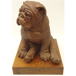  Sally Arnup (1930-2015) stoneware model of a seated Bulldog puppy, on rectangular oak stand, H40cm   