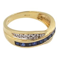 14ct gold princess cut sapphire and round brilliant cut diamond crossover ring, London import mark