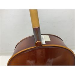 Two student half-size cellos - Boosey & Hawkes Artia with 65cm one-piece back and spruce top; bears maker's label; L104cm overall; and Romanian with 65.5cm two-piece maple back and ribs and spruce top; bears label; L108.5cm overall; each in soft carrying case with two bows (2)