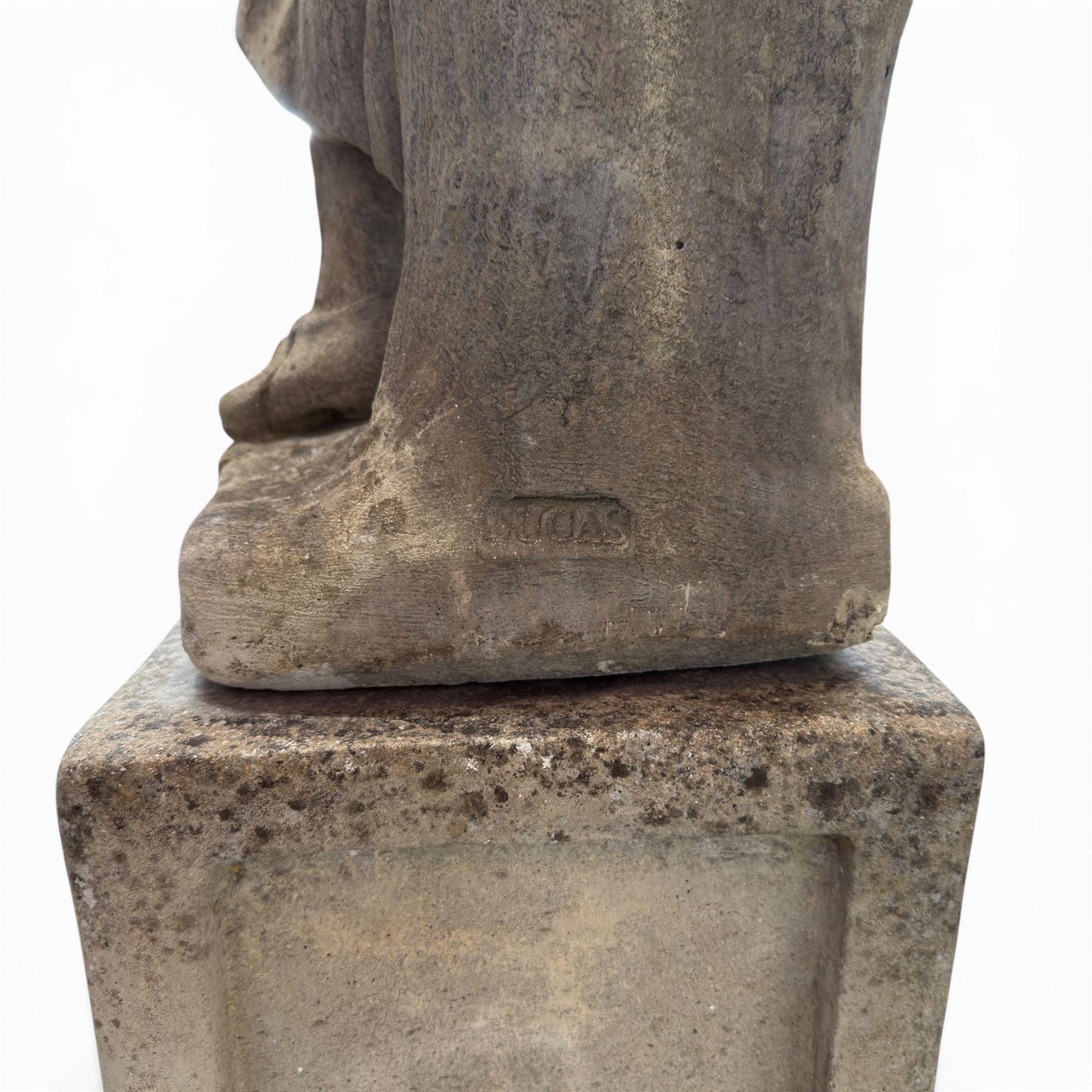 The Four Seasons - set of four traditional cast stone garden figures, in a weathered finish, stamped 'Lucas'
