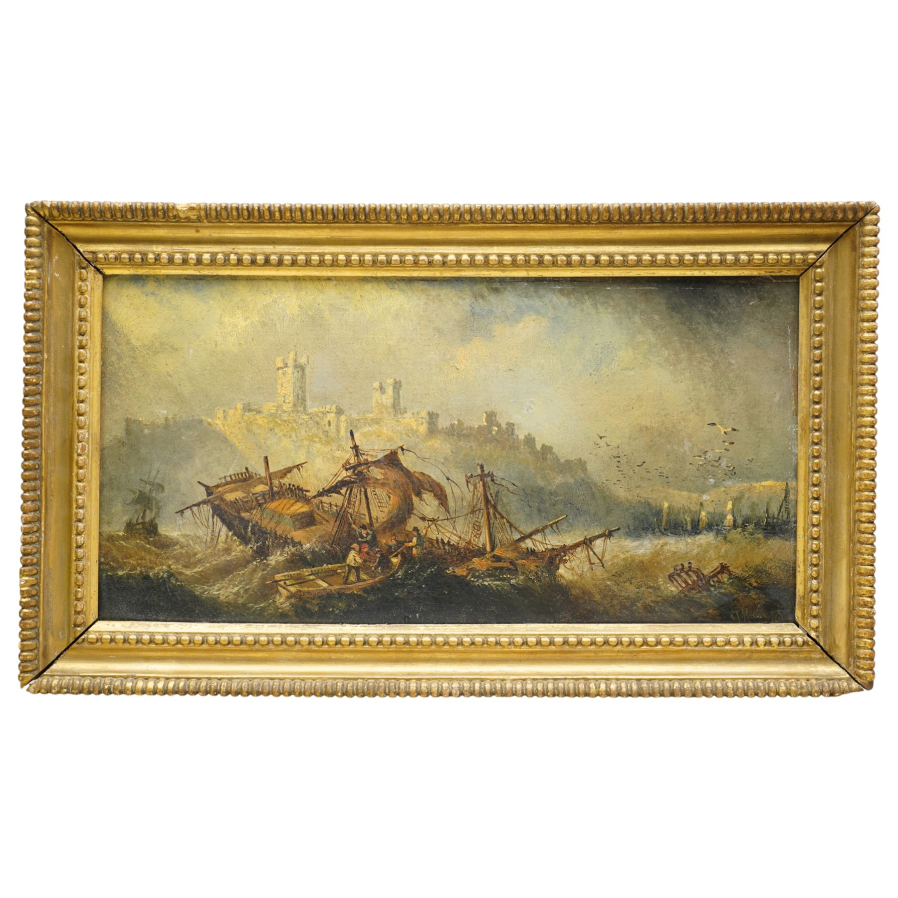 Claude Thomas Stanfield Moore (British 1853-1901): 'Fast on the Rocks off Dunstanborough (Dunstanburgh) Castle' - Northumberland, oil on board signed, signed titled and dated 1876 verso 17cm x 35cm