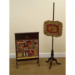  Early 20th century mahogany pole screen (W43cm, H139cm) and an inlaid fire with screen with tapestry detailing (2)  