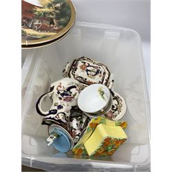 Mason's Mandalay pattern tureen with serving spoon, two jugs, trinket boxes, together with four Wedgwood plates, decorative plates and a selection of glassware, two boxes. 