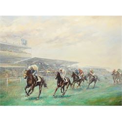 Johannes Josephus Hovener (Dutch 1936-): To the Finish Line - York Racecourse, oil on canvas signed inscribed and dated '87, 59cm x 79cm
Provenance: Mount Royale Hotel, York
