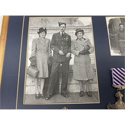 Warrant Officer Gordon Pearce D.F.C. R.A.F.V.R. - display of five medals comprising copy Distinguished Flying Cross, copy Air Crew Europe Star, 1939-45 Star, 1939-45 War Medal and Defence Medal; framed with RAF cap badge, two copy photographs in uniform and copy of investiture letter; mounted and glazed in pine frame 34 x 66cm