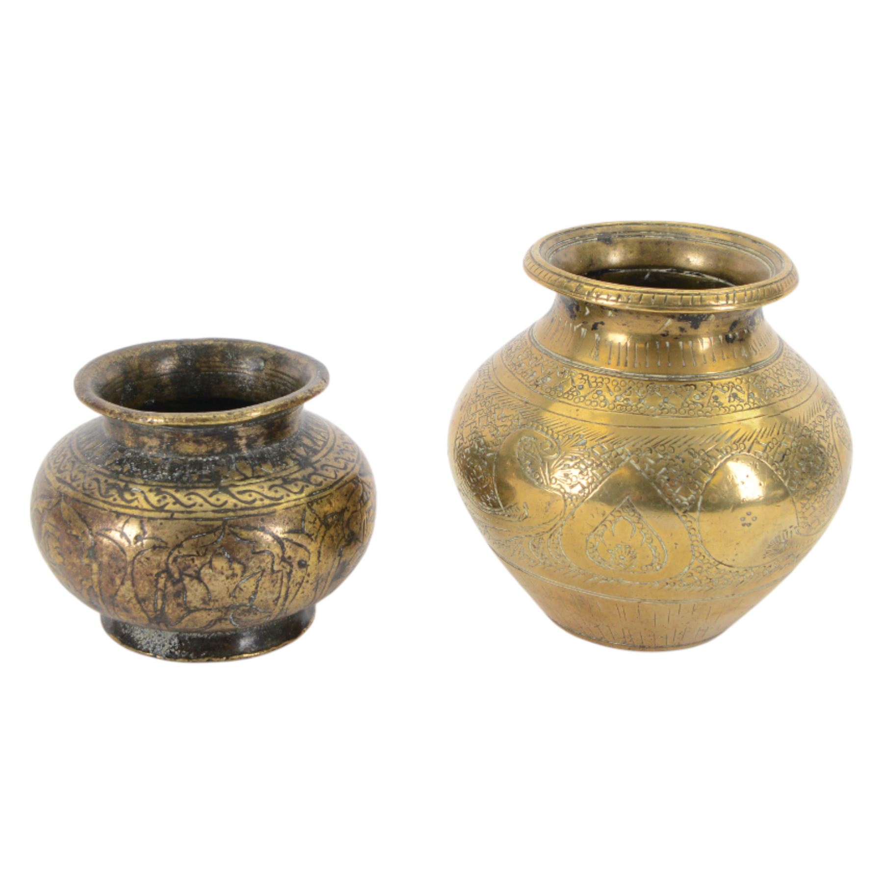 Indian miniature brass lota, decorated with peacocks, together with another similar examples and two brass dishes, largest lota H8cm 